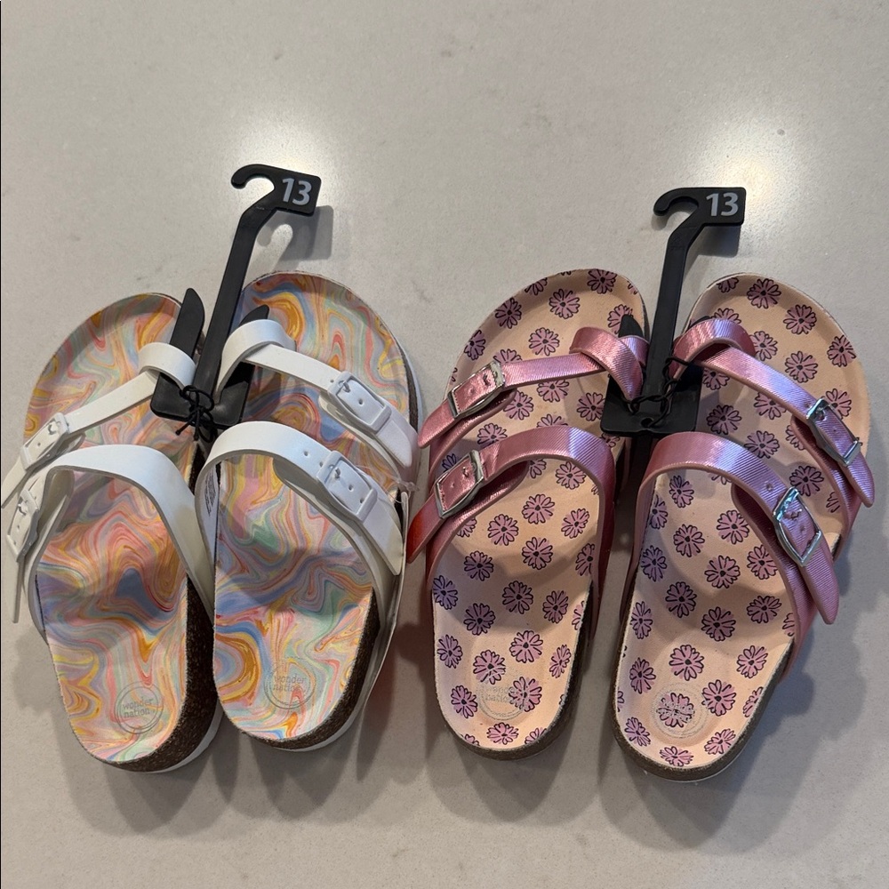 NWT Kids' Double Strap Sandals — White Marble & Pink Floral (Size 13)
